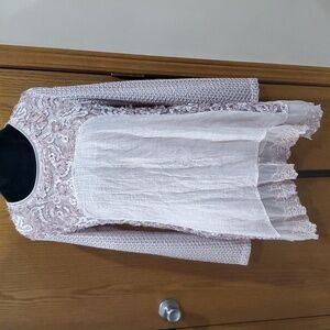 Feratelli dusty light pink lace asymmetric layered long sleeve top floral 3d